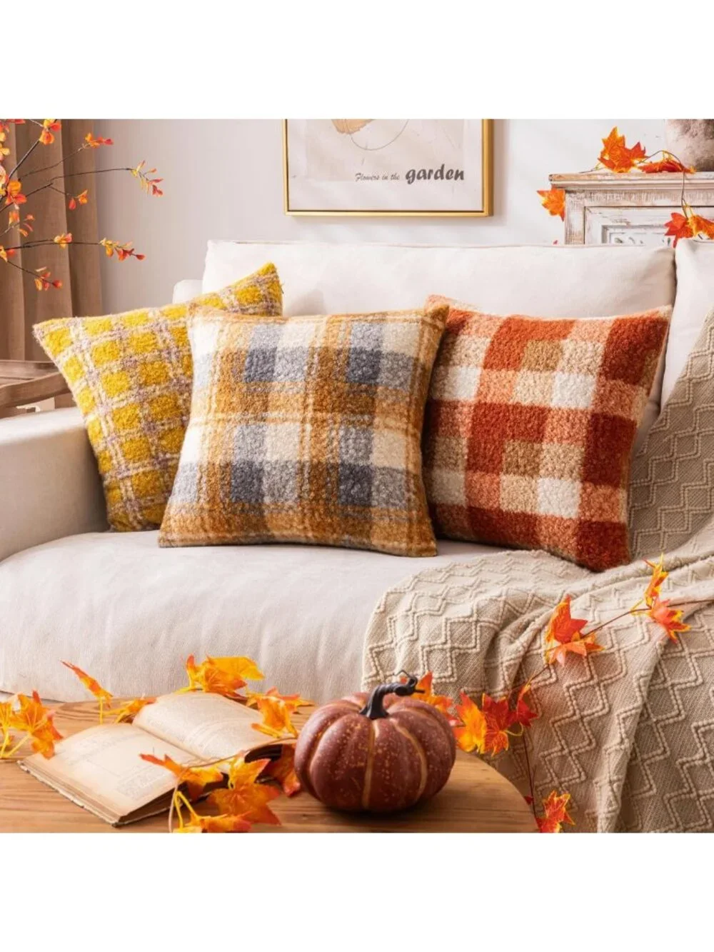 Cozy Orange Plaid Throw Pillow Covers - Set of 2, 26x26 Inch for Fall Decor